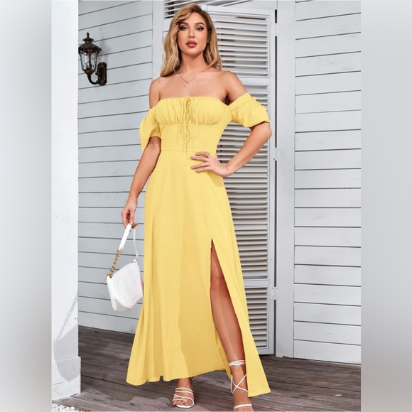 Romantic Off-Shoulder Ruched Maxi Dress in Sunshine Yellow - Picture 2 of 14